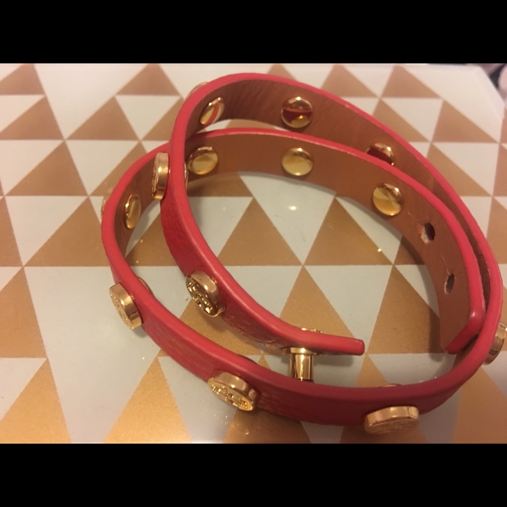 Tory Burch Red Studded Leather Bracelet